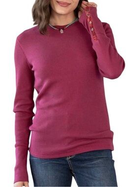 Sundance Large Pink Thermal Knit Velvet Detail  Crewneck Top